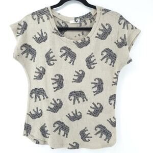 Gaze Hippie Boho Beige Crop Elephant Print Knit Top Crew Neck Cap Sleeves Small
